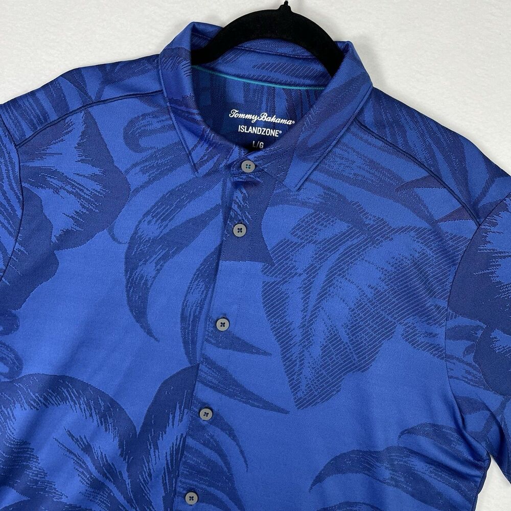 Tommy Bahama IslandZone Mens Large Blue Palm Tropical Floral Button Up Shirt L